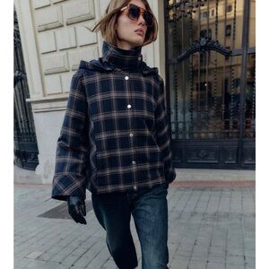 ZARA PLAID HOODED PUFFER JACKET - CHECKERED FUNNEL NECK COAT WITH HOOD - NEW